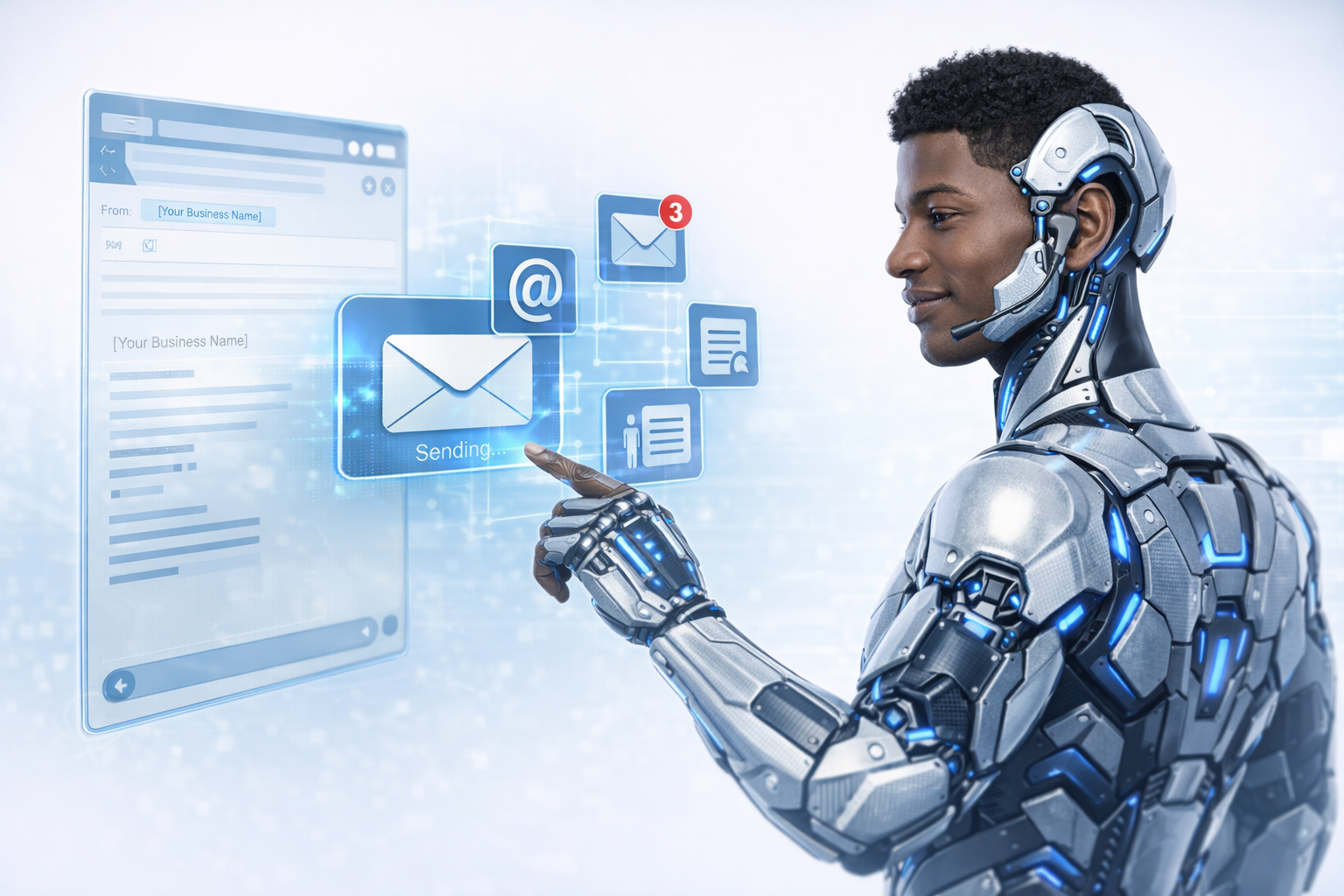 Robot escribiendo emails en teclado holográfico